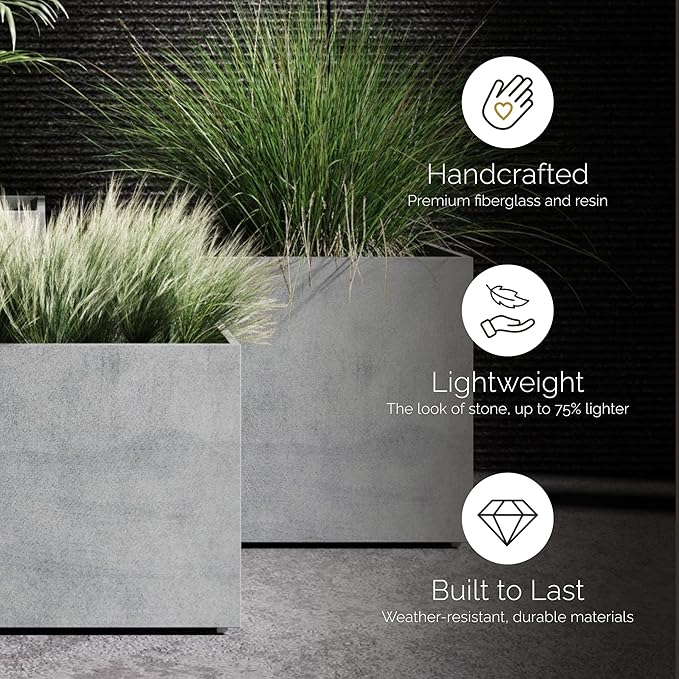 Reglito Cube Planter – Fiberglass Indoor/Outdoor and Weather-Resistant Large Planter (Grey Stone, 35.4" L x 35.4" W x 36" H)