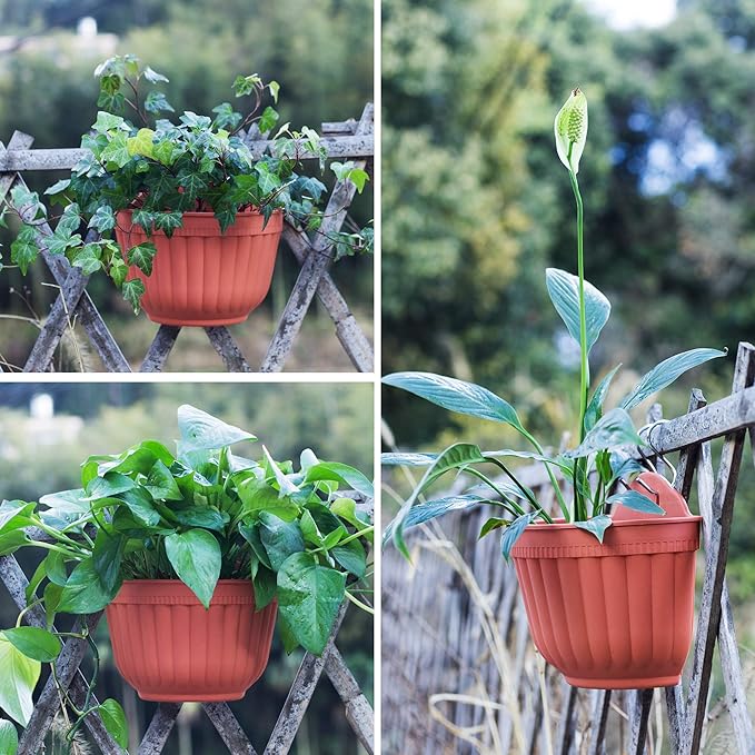 4 Pack Brick Red Wall Hanging Planter Pot Vertical Garden Living Wall Mount Window Hang Indoor Outdoor Plant Flower Basket for Kitchen Herbs Balcony Railing Shelf Fence Bedroom Trellis Decor Modern