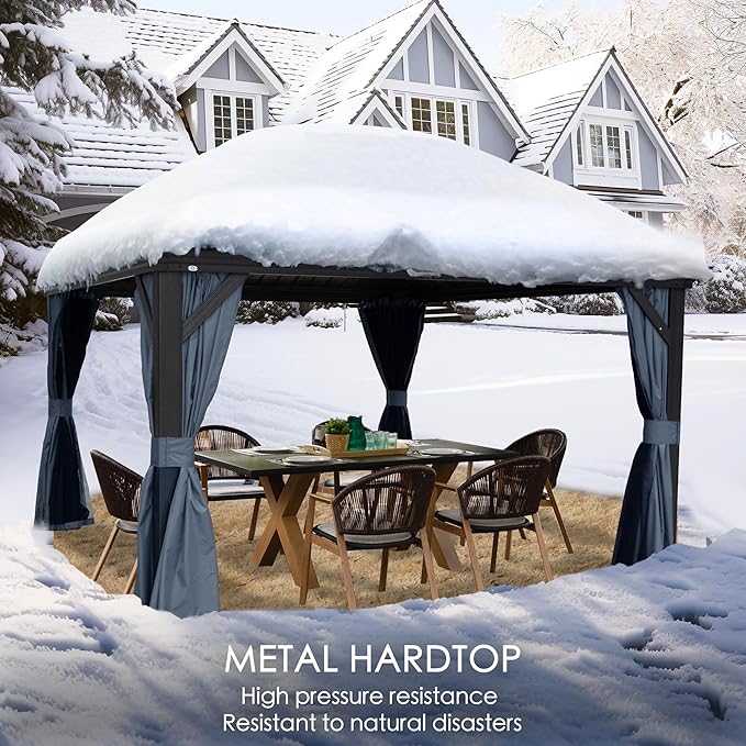 Kozyard Alexander 12' X 12' Aluminum Hardtop Gazebo with Galvanized Steel Double Roof Canopy, Curtain and Netting, Permanent Gazebo Pavilion for Patio, Backyard, Deck, Lawn (Gray)