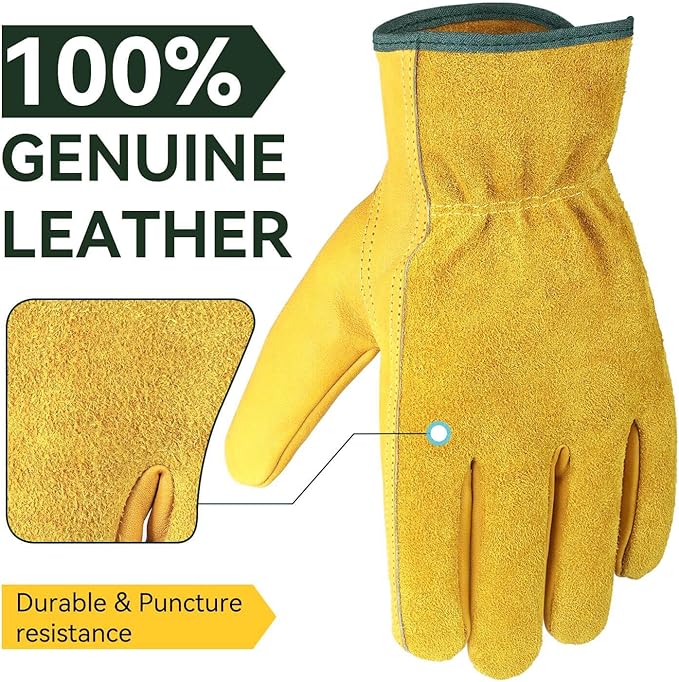 OZERO Leather Work Gloves Flex Grip Tough Cowhide Gardening Glove for Wood Cutting/Construction/Truck Driving/Garden/Yard Working for Men and Women 1 Pair (Gold,Small)