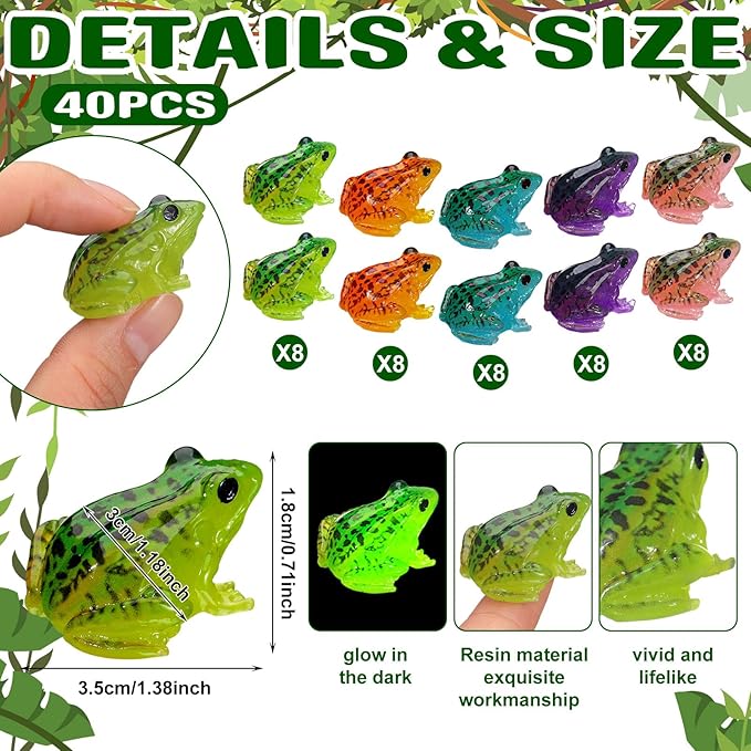 Barydat 40 Pcs Miniature Frog Figurines Luminous Mini Resin Frog Figures Model Garden Decor DIY Terrarium Craft Ornament Accessories for Moss Landscape Decoration (1.38 x 1.18 Inch)