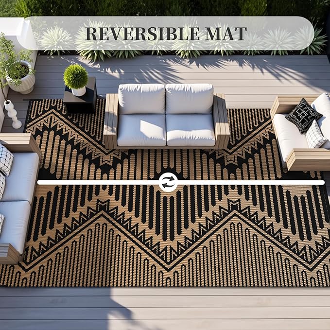 MontVoo Outdoor Rug 8x10 Waterproof Patio Rug-Outdoor Carpet Mat Reversible Plastic Straw Outside Outdoor Rug for RV Camping Picnic Balcony Backyard Pool Deck Porch Modern Boho Black Brown