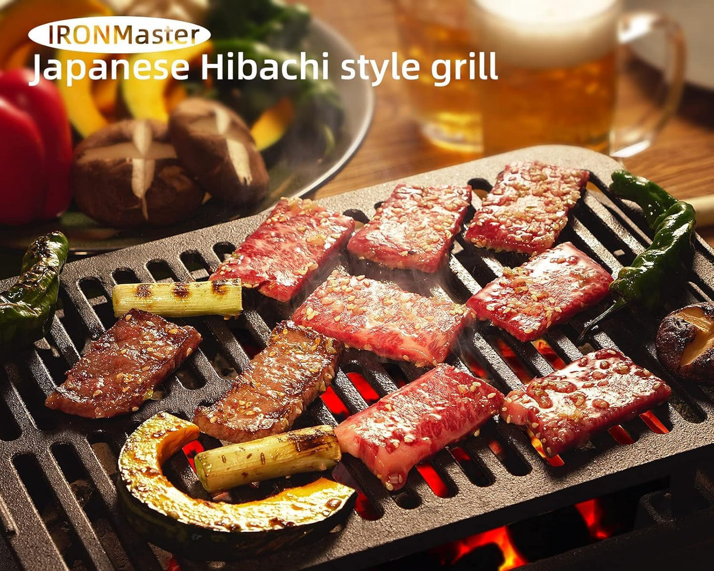 IronMaster Hibachi Grill Outdoor, Small Portable Charcoal Grill, 100% Pre-Seasoned Cast Iron, Japanese Yakitori Camping Grill - 2 Heights, Air Control, Coal Door + Carrying case