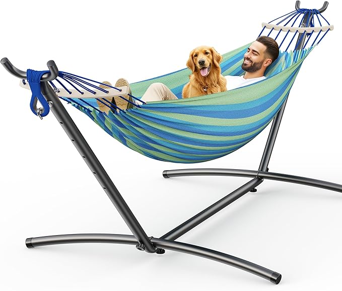 Double Hammock, Heavy Duty Portable, 500 lb Weight Capacity, Perfect for Both Indoors and Outdoors, 2 Person Hammock with Carrying Bag, Wide Blue