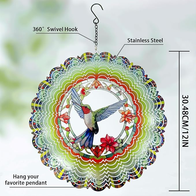 Metal Wind Spinners - Hummingbird 12 inch 3D Stainless Steel Hanging Wind Spinner Metal, Gifts for Women Mom Grandma Wife, for Indoor/Outdoor Decor, Yard Art, Garden Decoration