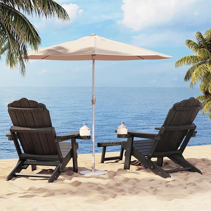 Adjustable Backrest Folding Adirondack Chair Set of 2, Adirondack Chair with Ottoman, Weather Resistant Fire Pit Chair with 2 Cup Holders, for Porch Backyard Outdoor Lawn Pool Deck Beach, Black