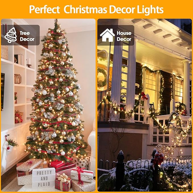 SANJICHA 2-Pack 66FT 200 LED Christmas Lights, Extendable Christmas Tree Light with Timer & Memory Function, Waterproof Green Wire Outdoor String Lights Indoor with 8 Lighting Modes (Warm White)