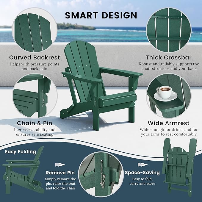 Westin Outdoors Laguna WO Home Furniture Adirondack Chair 4 PC Set Classic Outdoor Patio Folding Chair for Bon Fire Pit Lawn Backyard Beach Plastic Weather-Resistant (Dark Green)