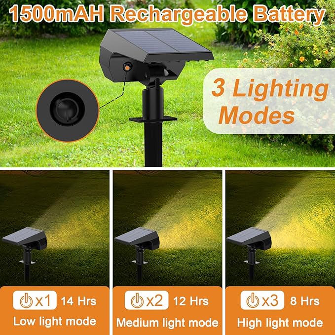 WELALO Solar Spot Lights Outdoor, [2 Pack/52 LED/3 Modes] 2-in-1 Solar Landscape Spotlights, Solar Powered Security Lights, IP65 Waterproof Wall Lights for Walkway Yard Garden Driveway(Warm White)
