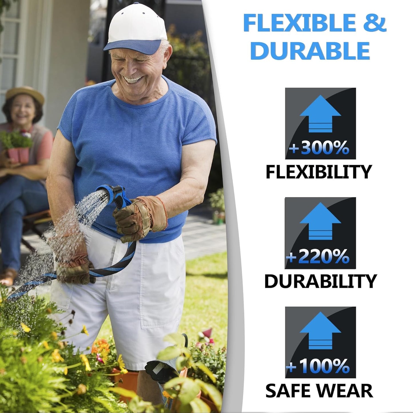 50ft Garden Hose - Water Hoses w/10 Function Spray Nozzle, 2025 New Superior Strength Flexible Hose, 3/4" Brass Connectors- Leakproof Lightweight Water Pipe for Gardening(Blue Black)