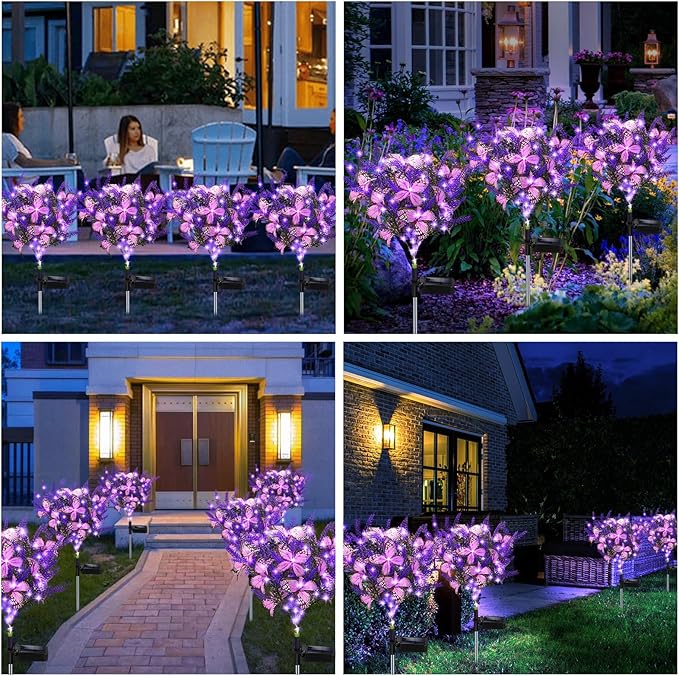 Kohlrabi Solar Garden Lights Outdoor, 6 Pack Solar Butterfly Lights Purple Lavender Gardening Gifts for Women, Purple Artificial Flower with Butterfly Garden Decor for Lawn Patio
