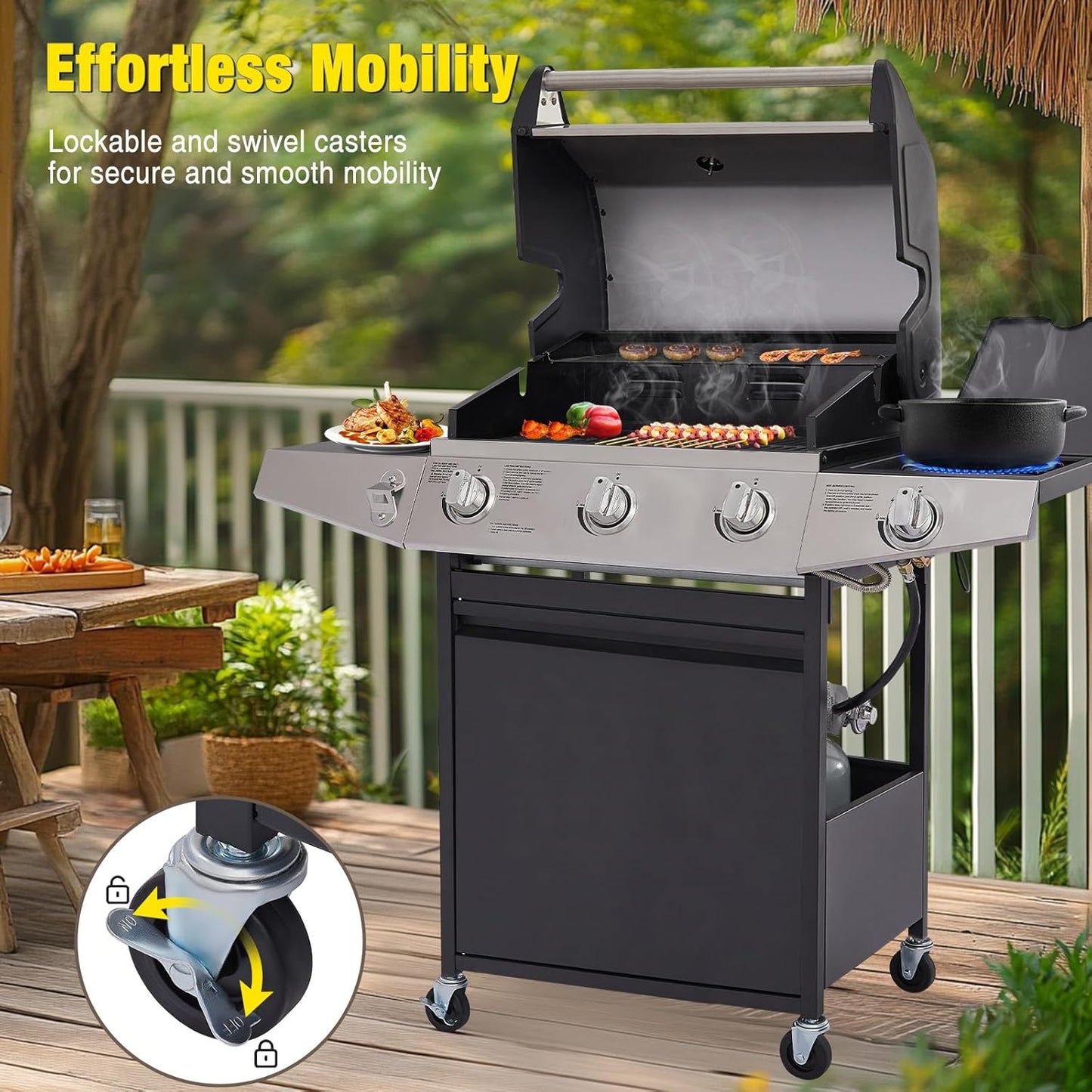 Unovivy 3-Burner Propane Gas Grill with Side Burner, Portable BBQ Grills with Oil Tray and Built-in Thermometer for Outdoor Barbecue, Camping, Patio, Backyard, 39,650 BTU