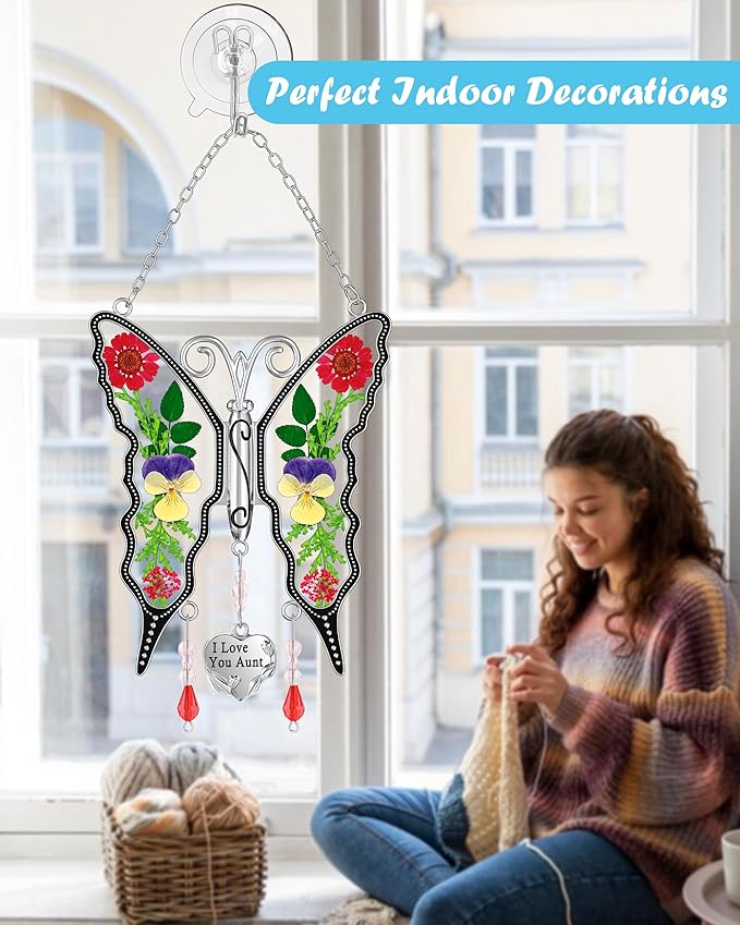 KY&BOSAM I Love You Aunt Butterfly Suncatcher for Windows Gifts for Aunt Pressed Flower Between Wings Glass Metal Engraved Charm Gifts for Aunt Mother's Day Valentine's Birthday Thanksgiving Christmas