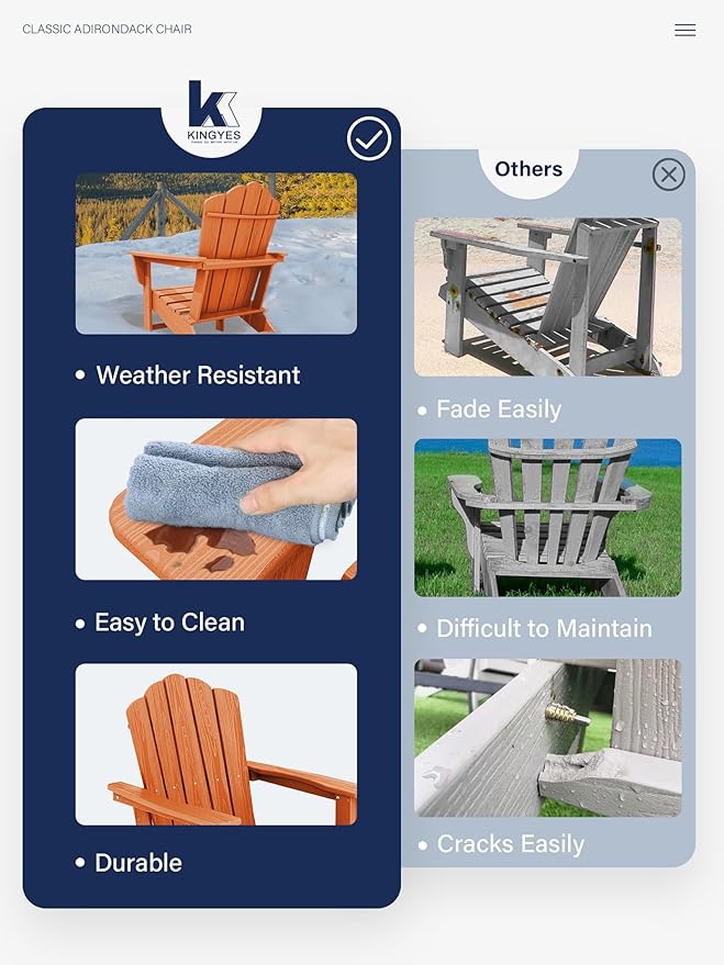 KINGYES HDPE Adirondack Chair Chair Set of 4, Classic All-Weather Adirondack Chair, Orange