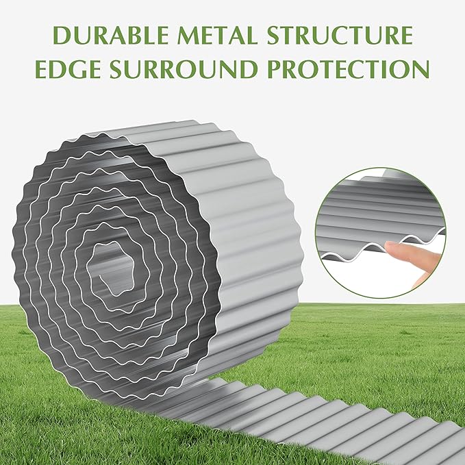 Metal Garden Edging Border, Corrugated Steel Landscaping, DIY for Lawn (Silver, 12 Inch x 20FT)