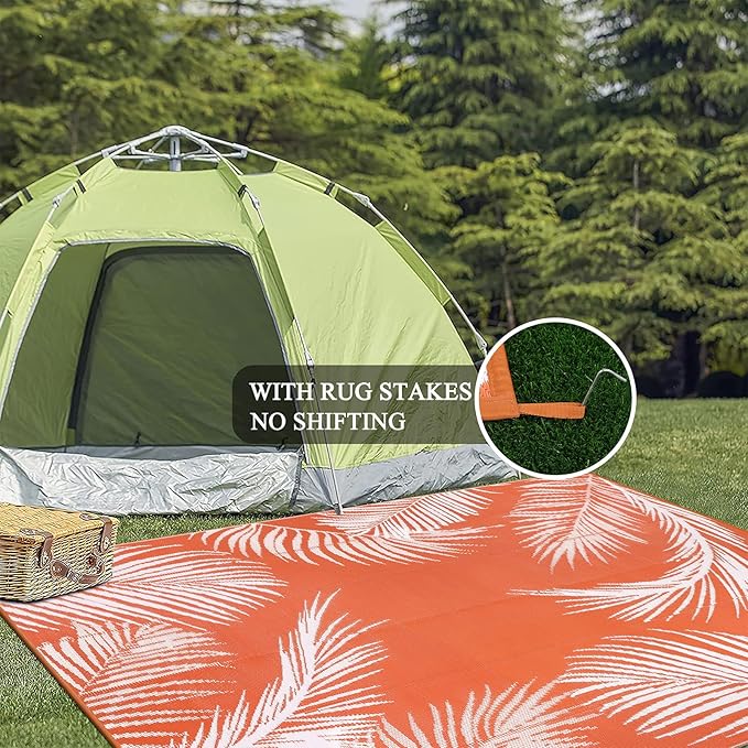 Pauwer Waterproof Outdoor Rug 8x10, Reversible Plastic Straw Patio Camping Rug, Indoor Outdoor RV Mat Carpet for Deck, Camper, Porch, Balcony, Backyard, Picnic, Leaf Orange