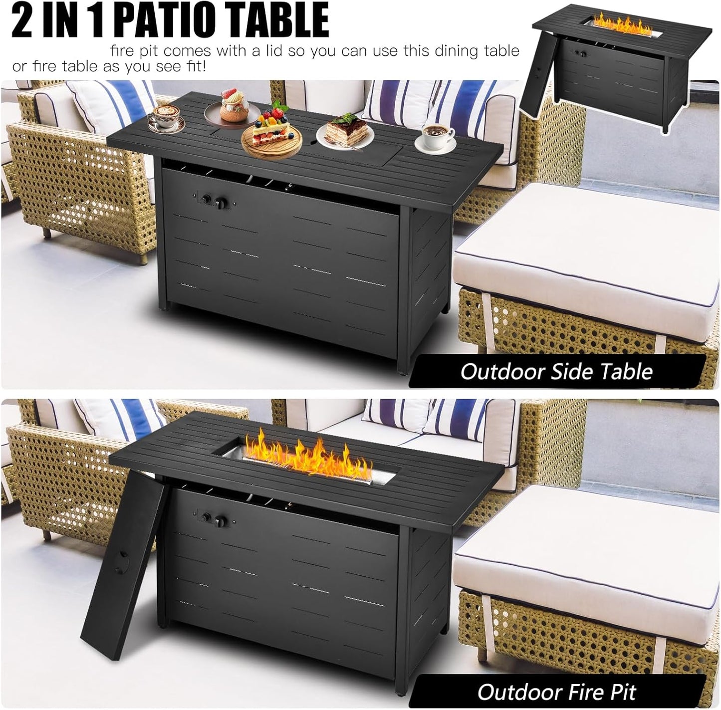 45 inch Propane Fire Pit Table,50000 BTU Gas Fire Pits Table with Lid & Lava Rock & Waterproof Cover, Outdoor Propane Firepit for Dining or Party, Outside, Patio, Garden, Yard