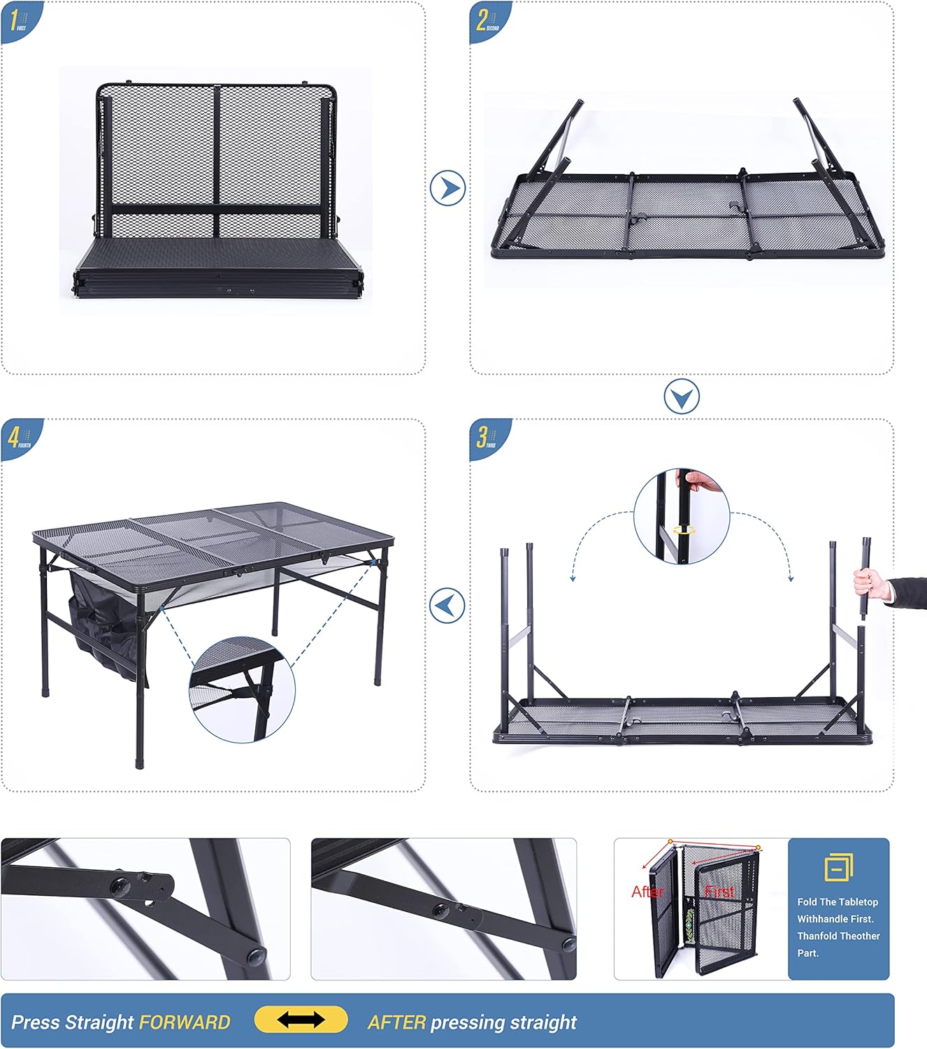 Nice C Table for Grill, Outdoor Table, Camping Cooking Picnic Tables, Card Tables Adjustable Height, Mesh Bag, Carry Handle (47.3” x 23.7“ x 14.7”/24.2“ Black)