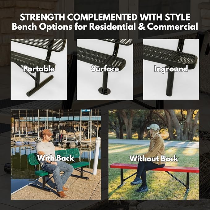 Heavy-Duty Portable Outdoor Bench Thermoplastic Coated, Expanded Metal, Commercial-Grade Seating, Made in America (Portable with Back, 8 Ft, Dark Green)