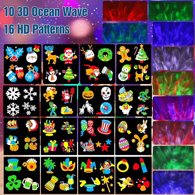 Christmas Projector Lights Outdoor, Holiday Projector With Remote Control Timer, 26 HD Effects (3D Ocean Wave & Patterns) Waterproof Landscape for Halloween Party Decorations