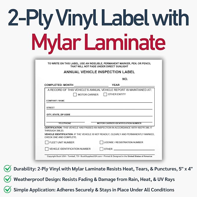 100 Pack 3-Ply Carbonless Annual Vehicle Inspection Report Forms with FMCSA Red Aluminum Labels & White Mylar Laminate Vinyl Labels, DOT Inspection Forms and Stickers, Shrink-Wrapped, 8.5" x 11.75"
