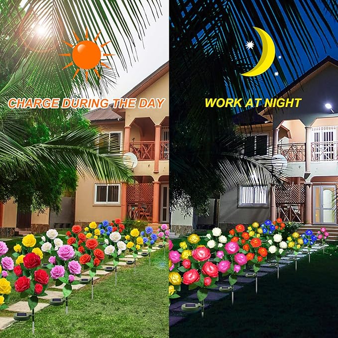 Solar Flower Lights Outdoor - Upgraded New Material Two Modes Realistic LED Solar Powered Waterproof Lights with 5 Roses, Solar Decorative Stake for Garden (Blue, 2 Pack)