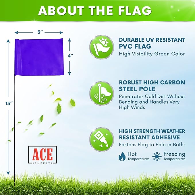 Purple Marking Flags for Yard - 4x5x15 Inch Purple Flags for Outside - 100 Pack - Markers For Lawn, Irrigation, Landscaping, Survey & Sprinkler Head Marking