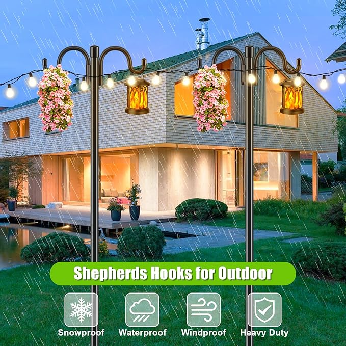 Gtongoko Double Shepherds Hook for Outdoor, 92.5 Inch Heavy Duty Bird Feeder Pole 3/4 Inch Thick Garden Hooks for Hanging Hummingbird Feeder, Plant Baskets, Solar Light Lanterns, 1 Pack