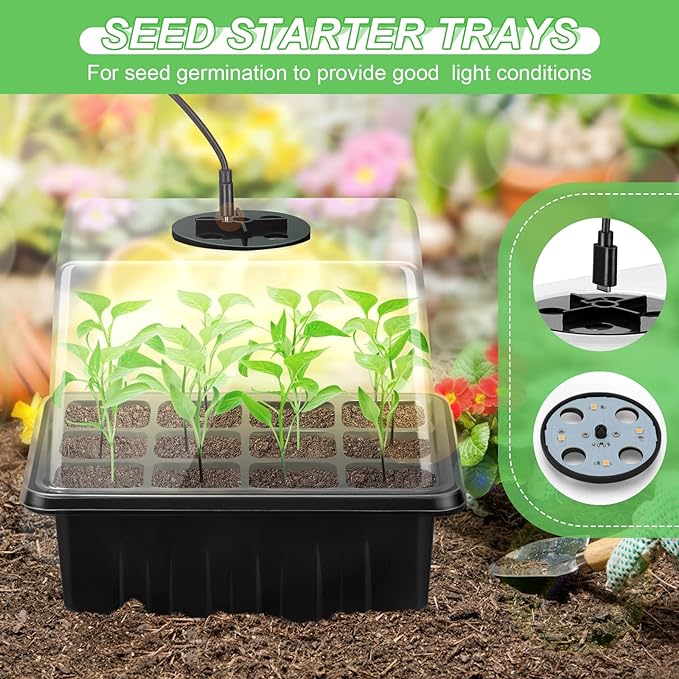 Lunies 6 Packs Seed Starter Trays with Grow Light, Seeding Starter Tray with Adjustable Humidity Dome, Base Indoor Greenhouse Germination Kit for Seed Growing Starting(12 Cells per Tray, Black)