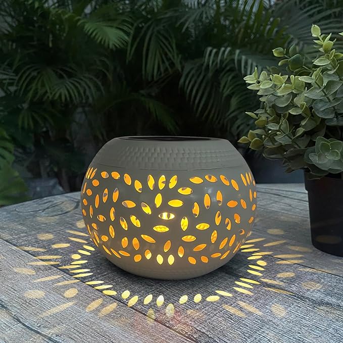 Solar Table Light Outdoor Waterproof- Solar Powered LED Lamp Hollowed-Out White Metal Desktop Decorative Lantern for Indoor Desk Bedroom Patio Garden Pathway Yard