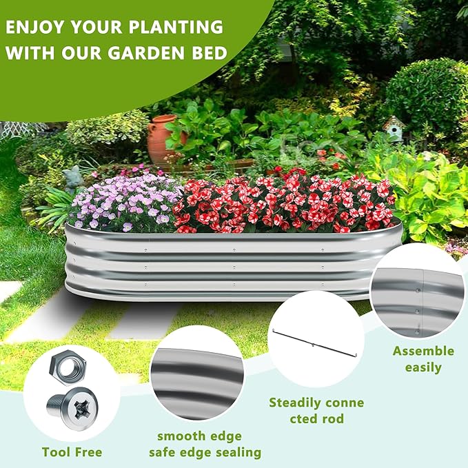 zizin Galvanized Raised Garden Bed Metal Oval Raised Garden Beds Outdoor Planter Box for Vegetables (9x3x1.3FT, Silver)