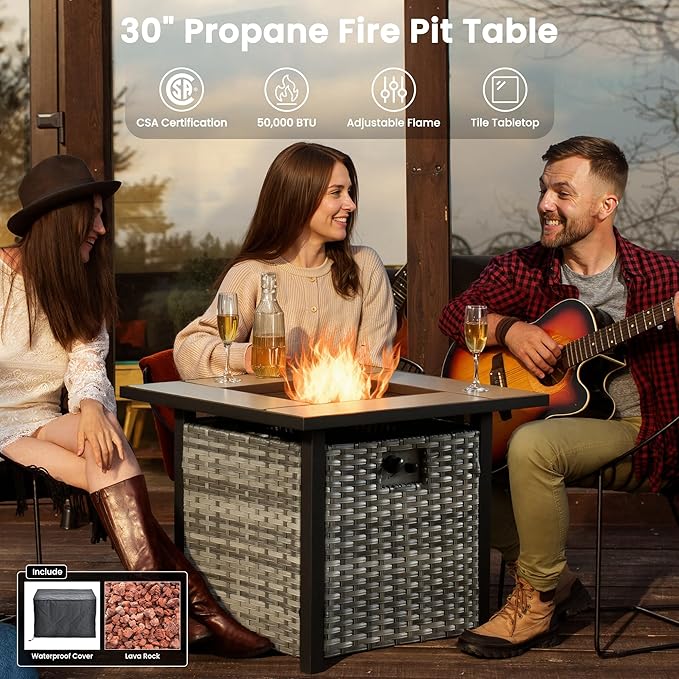 ovios 8 Pieces Patio Furniture Set with 30" Fire Pit Table, Outdoor Wicker Sofa with Comfy Cushions, All Weather High Back Rattan Couch Conversation Set, Orange Red