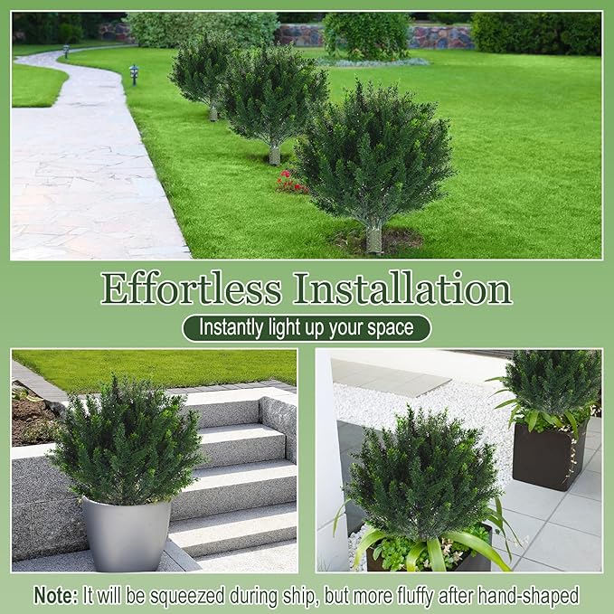Yunlly 4 Pcs Artificial Cedar Topiary Ball Fake Tree 18" Bush Front Porch Decor Artificial Shrubs for Outdoors Faux Cypress with Ground Spike, Evergreen Plants for Indoor Garden Patio, UV Resistance
