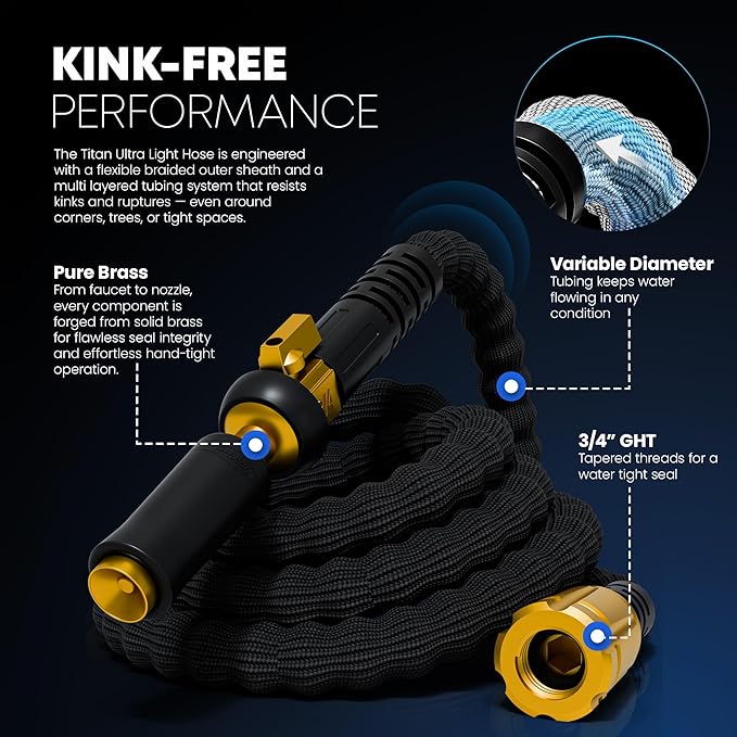 TITAN Flexible Garden Hose 10FT – Ultra Lightweight, Heavy Duty Water Hose with Brass Fittings & Jet Nozzle – Kink-Free, Non-Expanding, Durable Fabric Hose for Yard, Lawn, Car Wash, Outdoor Use