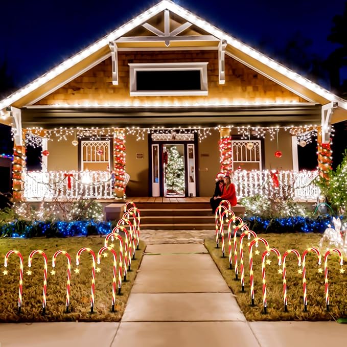 2 Set 24 Pack Upgraded Solar Christmas Candy Cane Lights, 18.6 Inch 144LED Outdoor Pathway Stake Lights with 8 Modes, Solar Candy Cane Lights for Decor Lighting Walkway Yard Garden Xmas Decorations