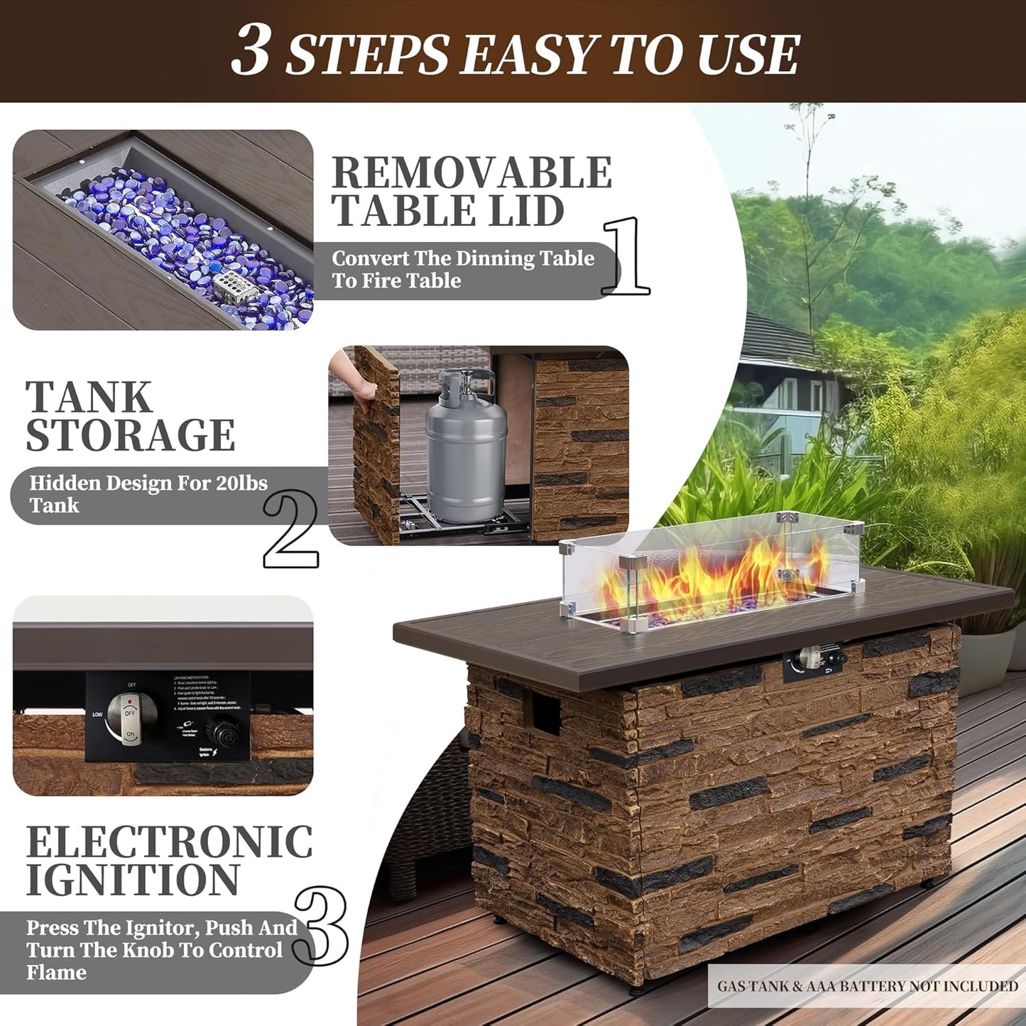 43” Propane Fire Pit Table Outdoor Rectangular Stone Firepit Table 50,000 Btu Propane Fire Tables for Outside Patio with Glass Wind Guard, Lid, Fire Glass Beads,Brown Rock Look
