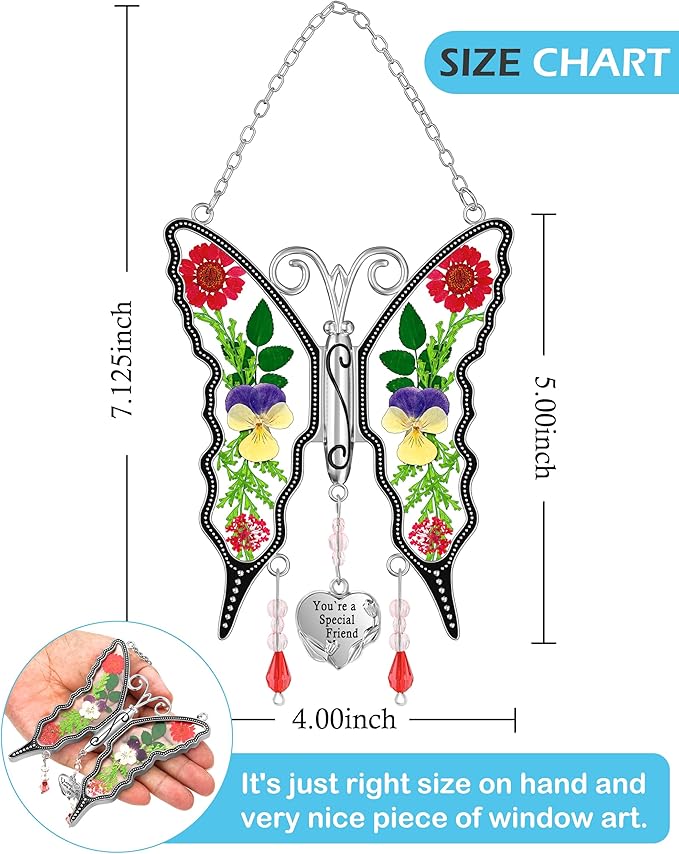 KY&BOSAM Butterfly Suncatcher You`re a Special Friend Gift Glass Suncatchers for Window Hanging Wind Chime Ornament with Pressed Real Flower and Heart Charm Birthday Gift for Mother`s Day Valentine`s
