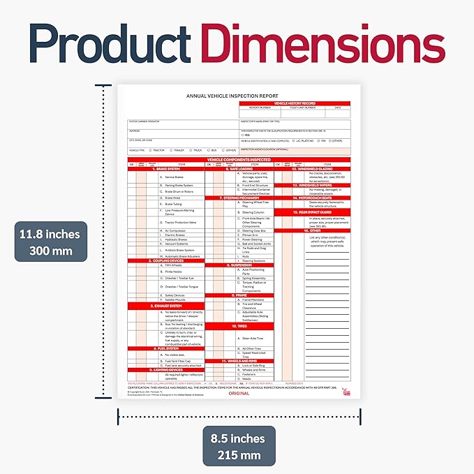 25 Pack 3-Ply Carbonless Annual Vehicle Inspection Report Forms with FMCSA 2-Ply Mylar Laminate Adhesive Vinyl Labels, DOT Inspection Forms and Stickers, Shrink-Wrapped, 8.5" x 11.75" - Made in USA