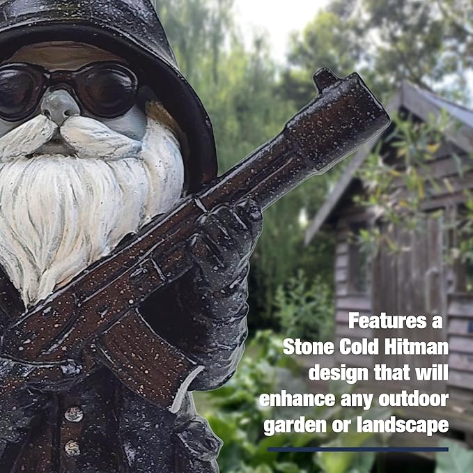 Better Office Products Garden Gnome Statue, 8" Height, Handcrafted Waterproof, UV-Resistant Polyresin Lawn Patio Porch Ornament Decoration (Stone Cold Hitman)