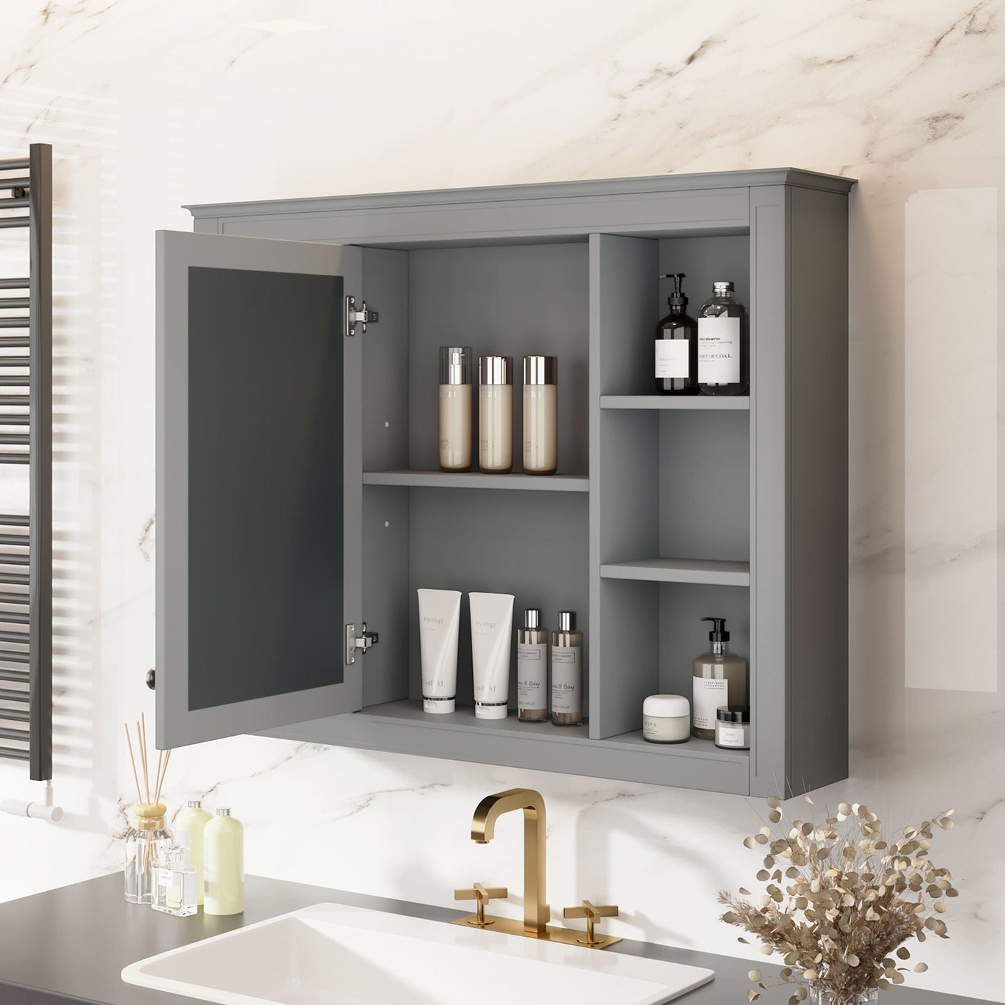 Wall Mounted Medicine Cabinet With Mirror and 6 Open Shelves