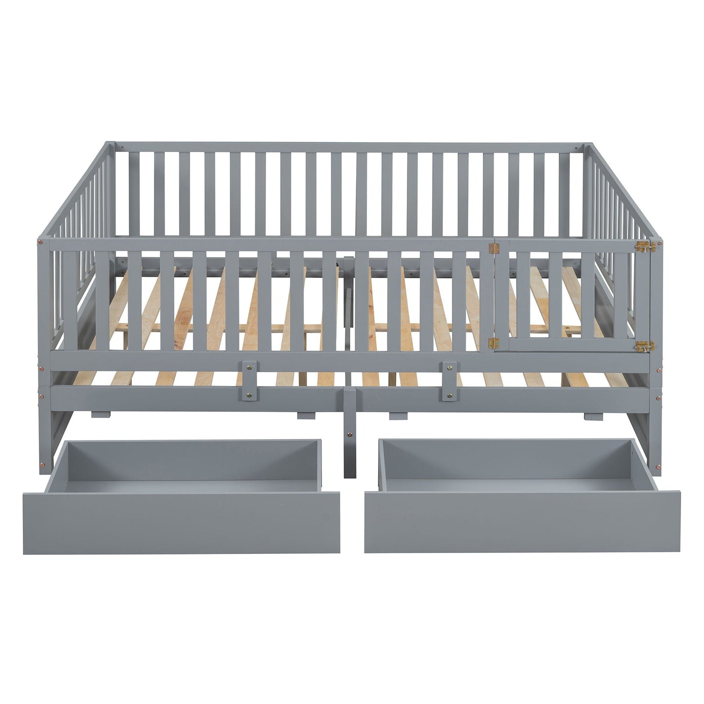 Daybed With Fence Guardrails And 2 Drawers, Split Into Independent Floor Bed & Daybed