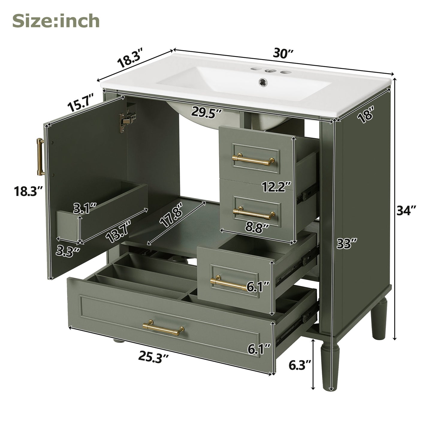 Elegant Olive Green 30' Bathroom Vanity with Ceramic Sink and Ample Storage, Solid Wood and MDF Construction