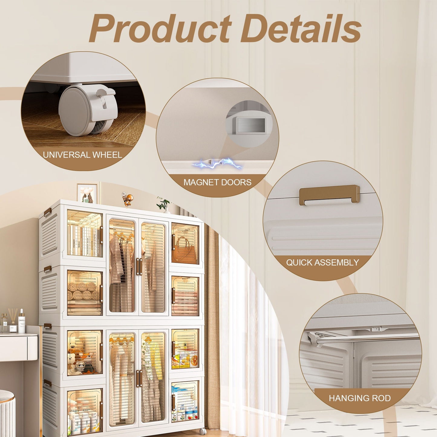 Portable Wardrobe Closet Storage Organizer For Clothes With Magnetic Doors, 12 Cubes & 2 Hanging Rods - White