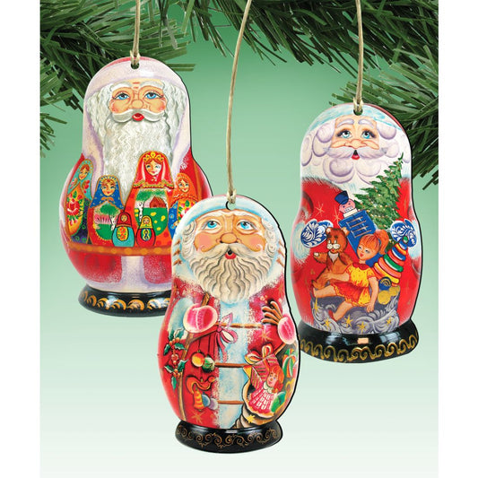 Santa Doll Wooden Ornaments Set of 3 by G. DeBrekht - Christmas Santa Snowman Decor - 8100103S3