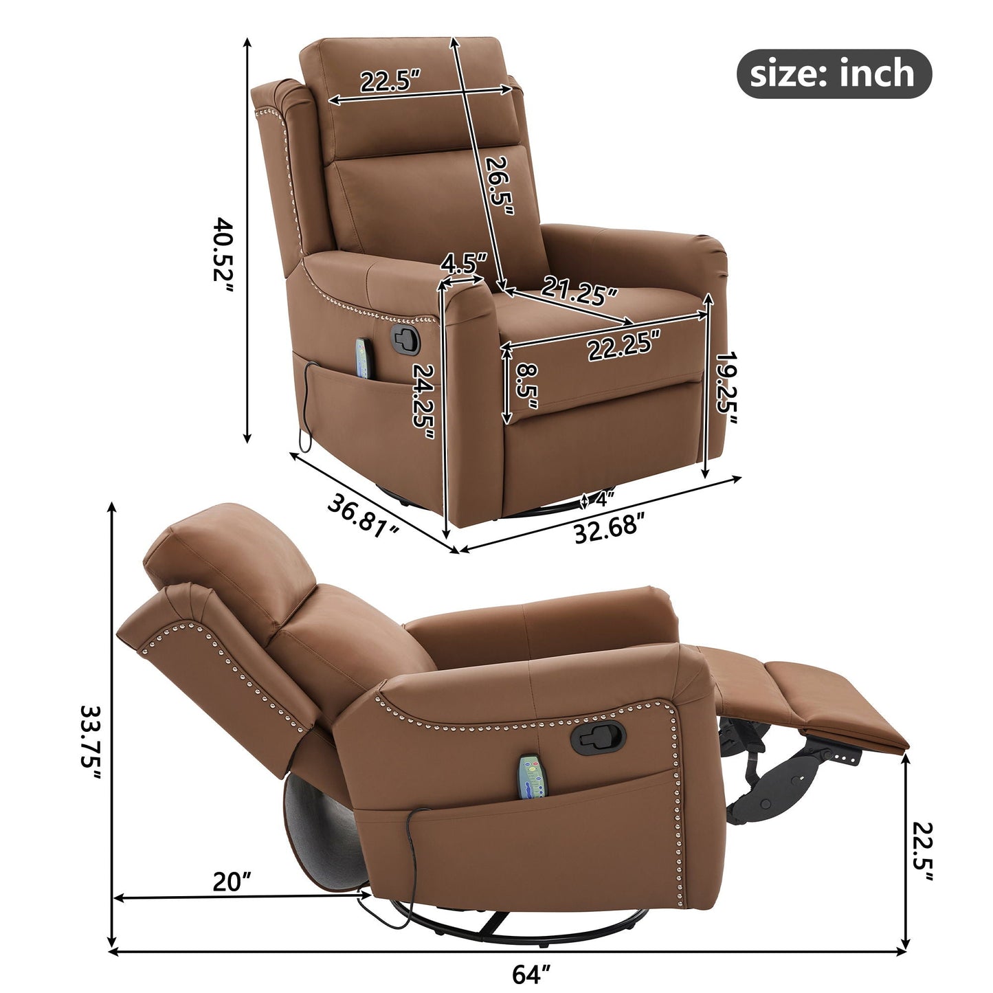 Manual Recliner Swivel Rocking Chair With 8-Point Massage and Heating