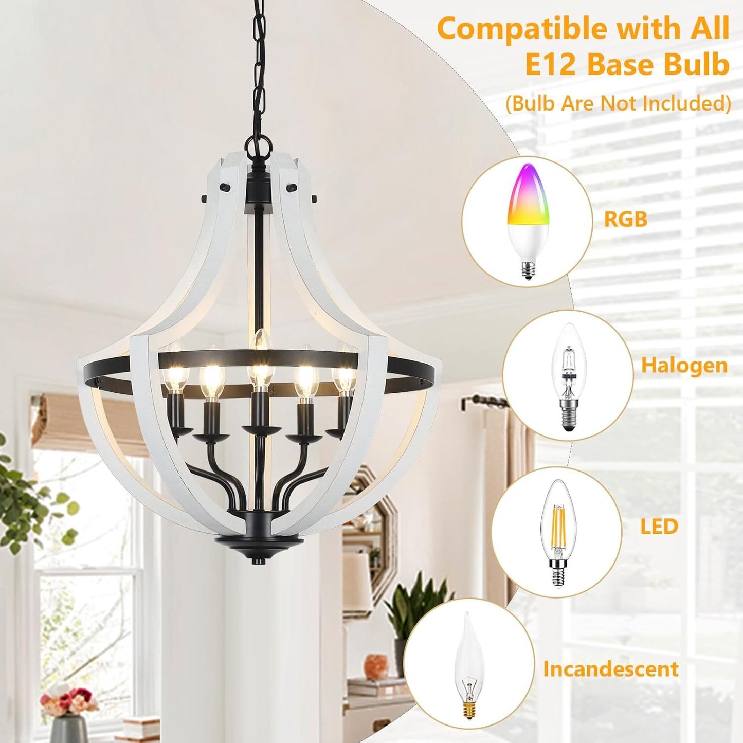 5-Light Convertible White Wood Farmhouse Chandelier