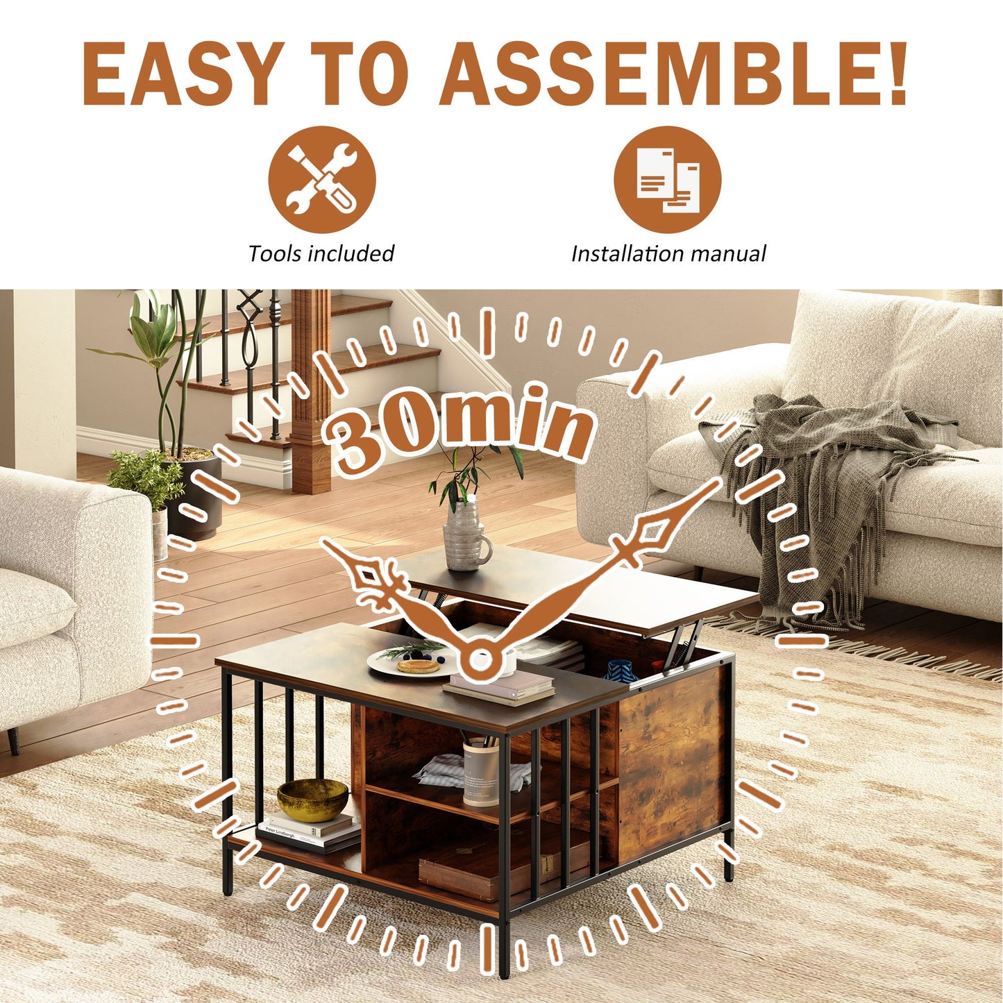 Lift Top Coffee Table With Storage, Adjustable Height Living Room - Black / Brown