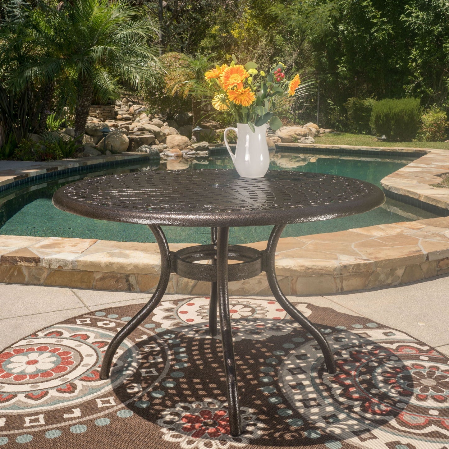 Tranquilius Outdoor Round Dining Table with Lattice Tabletop, Umbrella Hole and Curved Legs
