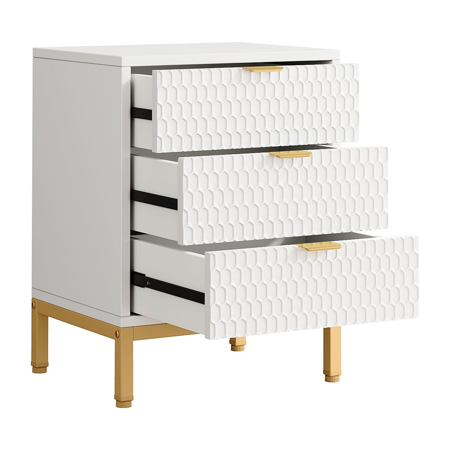3 Drawer Nightstand With Hexagon Pattern, Storage Table For Living - White