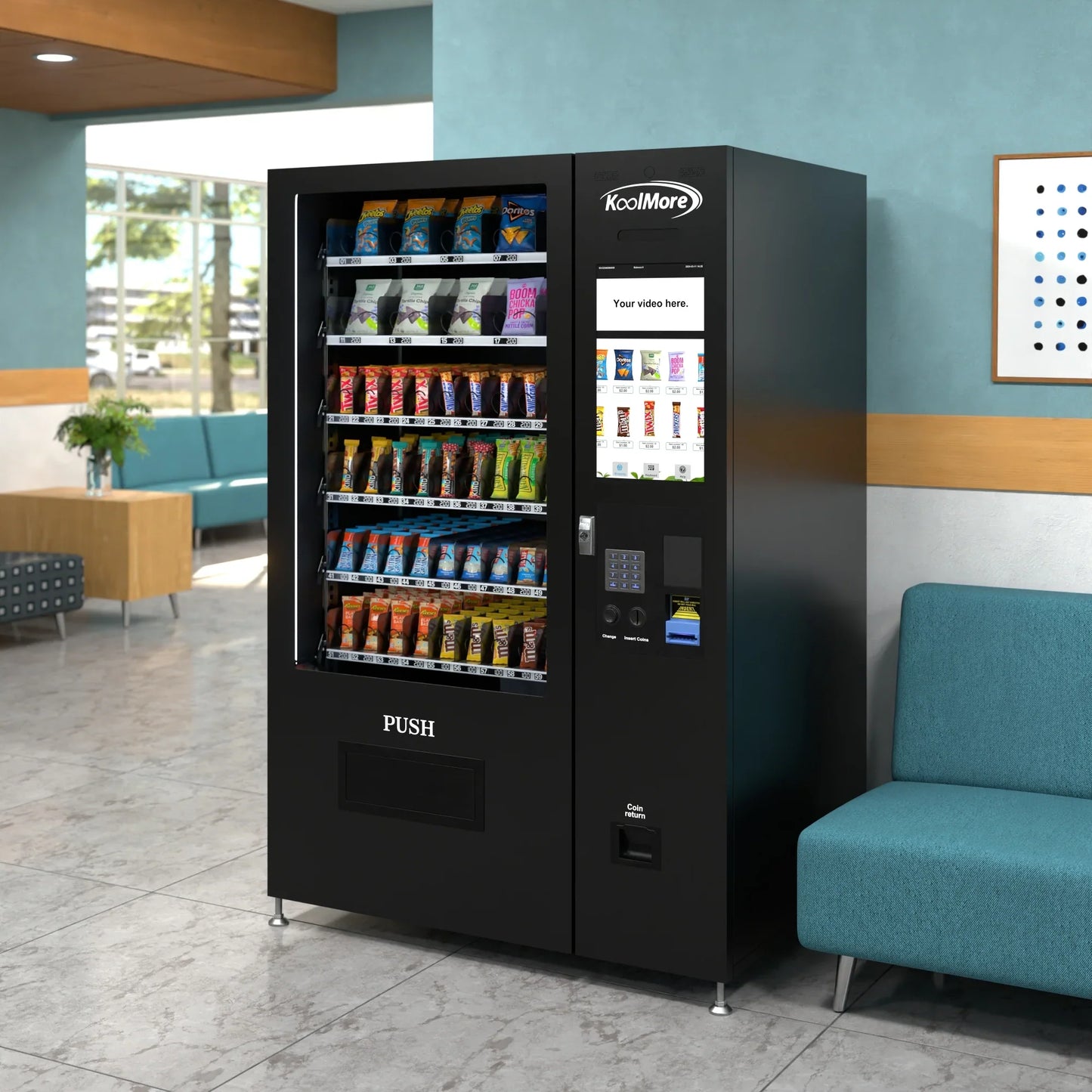 Kool More 50 in. 60-Slot Snack Vending Machine with 22-inch Touch Screen in Black, Non-Refrigerated.